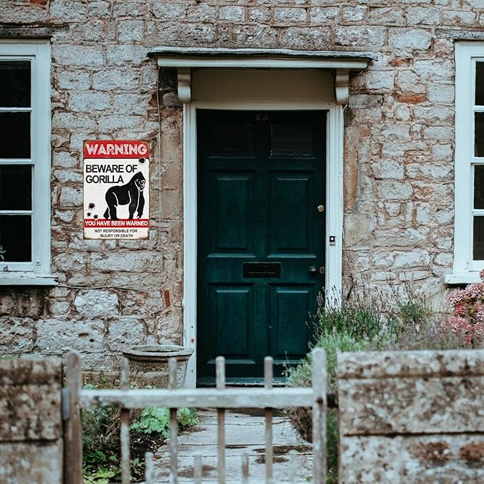 Funny Dark Humor Beware Warning Sign, No Soliciting Wall Decor, Beware of Gorilla, Yard Garden Plaque Outdoor for Home Fence 8 X 12 Inches