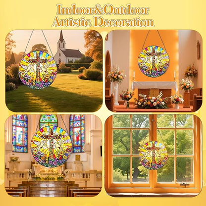 Stained Glass Hanging Doves and Cross Suncatcher, Renyalora 10 Inch Round Real Glass Christian Window Panel with Colorful Flowers Sun Catcher Window Hanging Decor for Home Windows Garden Church Decor
