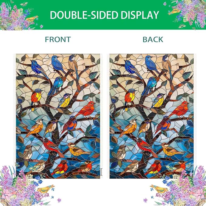 Stained Glass Spring Birds House Flag 28x40 Inch Double Sided Welcome Flag Burlap Large Outdoor Flag for Seasonal Farmhouse Yard Outdoor Decor