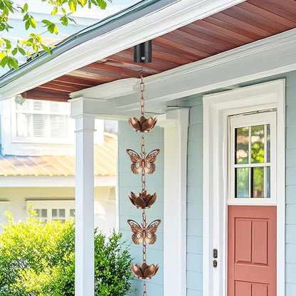 8.8ft Rain Chain for Gutters Downspouts Outside,Butterfly Rain Chain Cups with 12 Copper Chain Adjustable Lotus Rain Catcher Chain Functional and Decorative Replacement for Gutter Downspouts