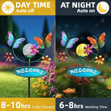Solar Garden Stakes Metal Welcome Signs for Outside 28.1' - 2 Flying Butterflies with Cracked Glass Ball,Decorative Garden Stakes for Lawn, Patio, Butterfly Gifts for Women