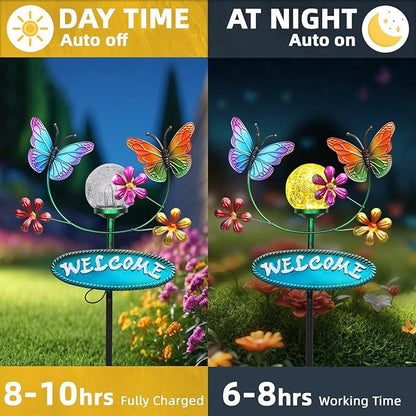 Solar Garden Stakes Metal Welcome Signs for Outside 28.1' - 2 Flying Butterflies with Cracked Glass Ball,Decorative Garden Stakes for Lawn, Patio, Butterfly Gifts for Women