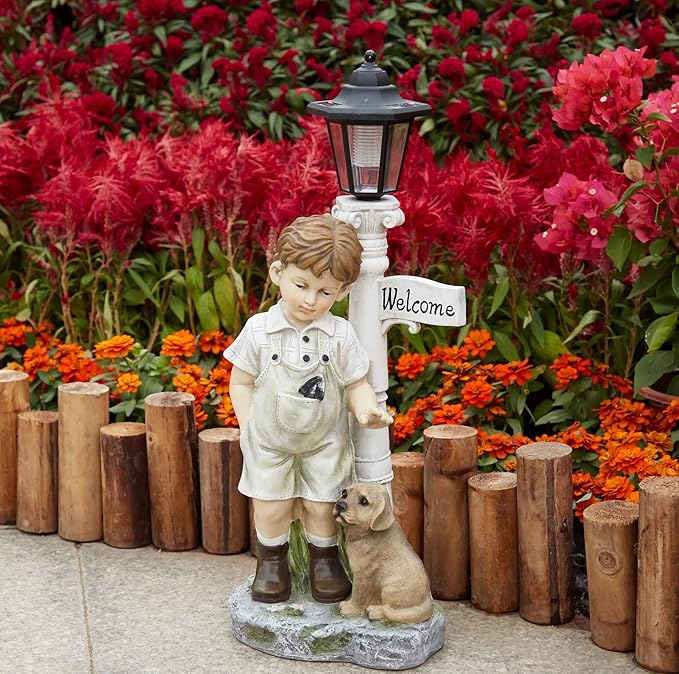 Solar Boy Statue Welcome Sign Garden Statues for Garden Decor, Porch, Lawn, Yard Art Decorations, Resin 23.2H inch