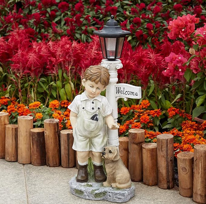 Solar Boy Statue Welcome Sign Garden Statues for Garden Decor, Porch, Lawn, Yard Art Decorations, Resin 23.2H inch
