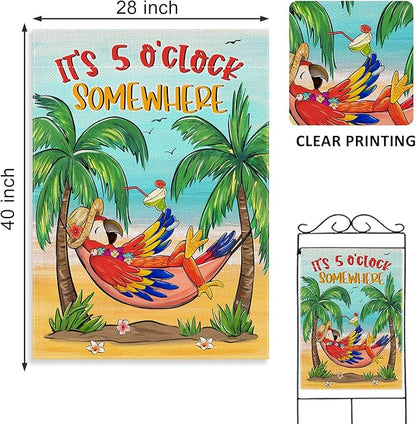 Welcome Summer Parrot Bird Decorative House Flag, It's 5 O'clock Somewhere Beach Coastal Tropical Palm Tree Garden Yard Outside Decorations, Hawaii Nautical Outdoor Large Home Decor 28 x 40