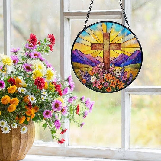 Cross Flower Suncatchers Stained Glass Window Hanging, Easter Christian Wildflower Landscape Sun Catchers Indoor Window Glass Round Wall Decor, 7.9x7.9in