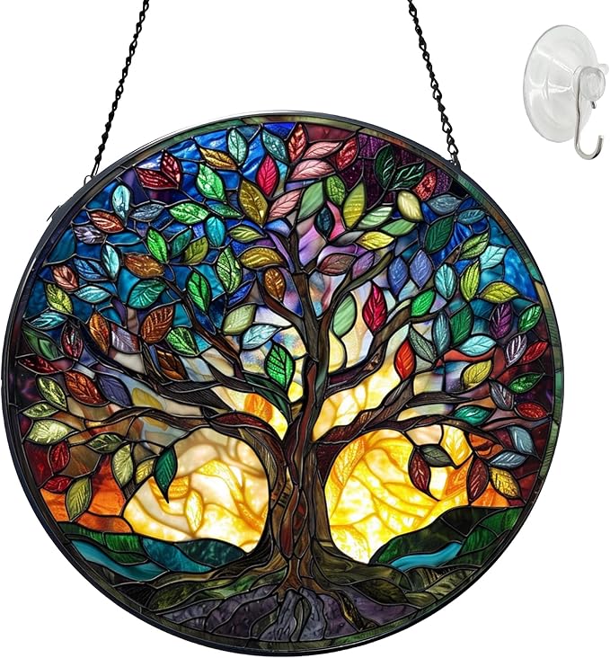 Tree of Life Suncatcher Stained Glass Window Hanging Suncatchers 7.87 Inch Stained Glass Ornament for Home Decor Indoor Wall Art for Women Mother Grandmother Friends