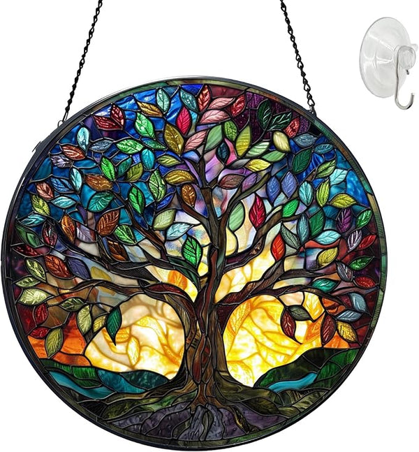 Tree of Life Suncatcher Stained Glass Window Hanging Suncatchers 7.87 Inch Stained Glass Ornament for Home Decor Indoor Wall Art for Women Mother Grandmother Friends