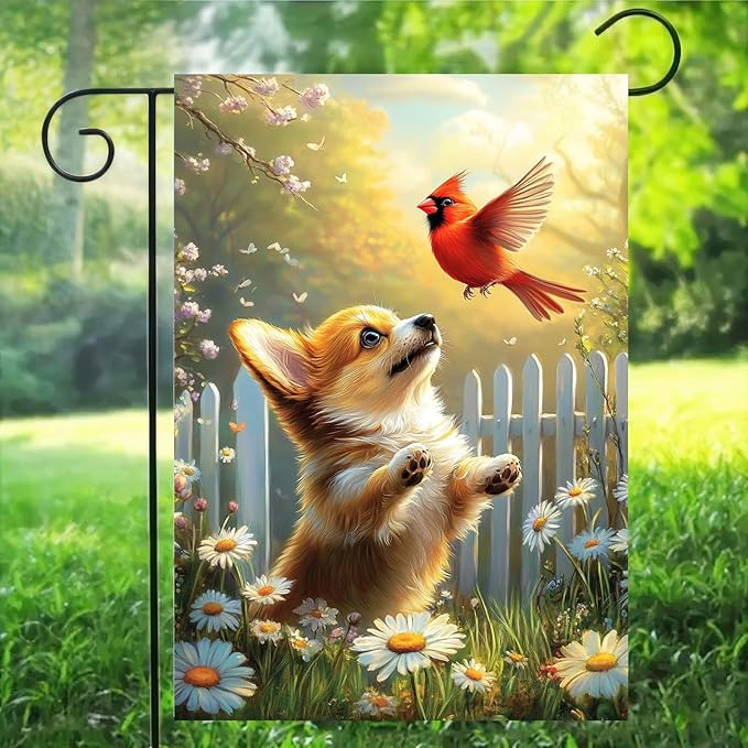 Spring Summer Garden Flags 12x18 Double Sided, Small Burlap Seasonal Cardinal Floral Corgi Dog Garden Flag Spring Summer Outdoor Yard Decorations for Outside Lawn Decor