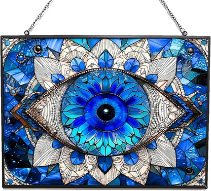 Rectangle Evil Eye Suncatchers for Windows, Stained Glass Window Hangings,Hand-Painted Glass Panel Perfect for Home Décor