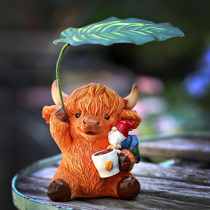 Garden Gnome with Highland Cattle 6.5“ Figurine Ornament for Indoor Outdoor Home Patio Yard Lawn, Red Hat, Blue Outfit, Indoor Outdoor Decorative Statue