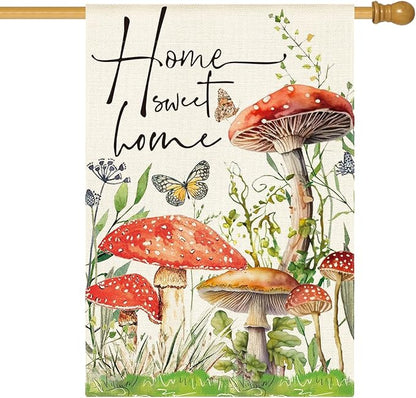 AVOIN colorlife Home Sweet Home Spring Mushrooms House Flag 28 x 40 Inch Double Sided, Seasonal Flowers Welcome Yard Outdoor Flag