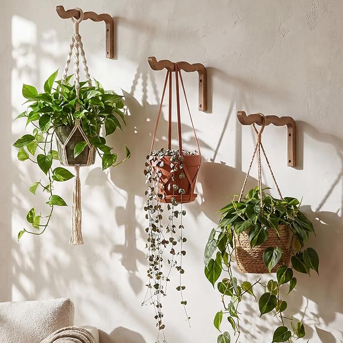 2 Pack Wooden Wall Plant Hangers, 12 Inch Wavy Hanging Plant Hooks Walnut Color Hanging Brackets for Indoor Outdoor Flower Pots, Wind Chimes, Lanterns, Bird Feeders