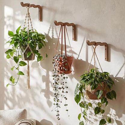 2 Pack Wooden Wall Plant Hangers, 12 Inch Wavy Hanging Plant Hooks Walnut Color Hanging Brackets for Indoor Outdoor Flower Pots, Wind Chimes, Lanterns, Bird Feeders