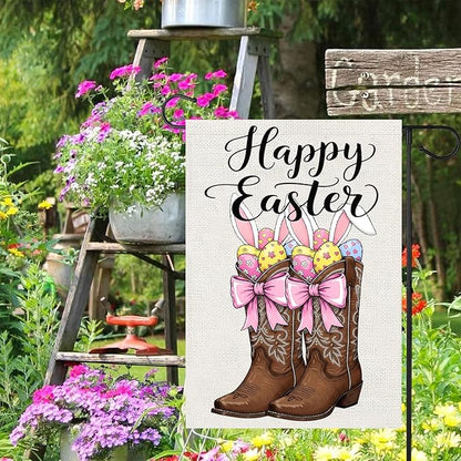 Happy Easter Garden Flags 12x18 Inch Vertical Double Sided Outside, Easter Eggs Bunny Boots Spring Yard Flag Decor, Holiday Outdoor Decorations for Home