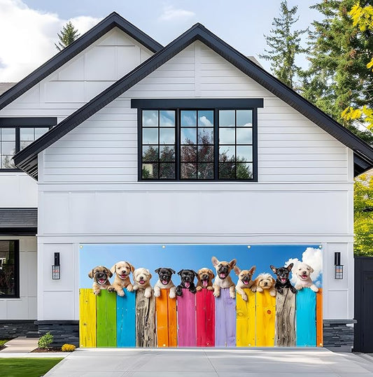 157.5x70.9in Large Garage Door Banner Cute Dog Garage Door Cover Outdoor Decorations with Grommets & Rope for House Exterior Party Driveway Decor