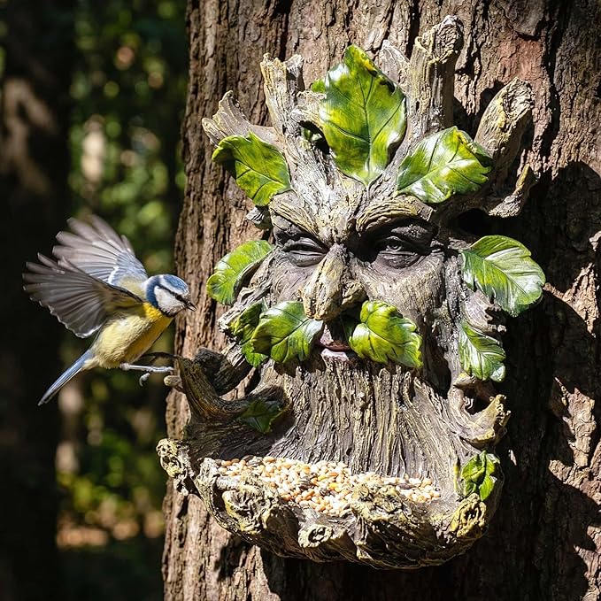 10.3" Whimsical Tree Face Sculpture, Garden Peeker Statue, Outdoor Trunk Tree Huggers Art, Landscape Accent Ornament, Hanging Fairy Elve Figurine for Yard Art, Feeder Decor Wall Mounted Statue