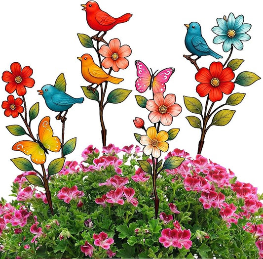 4 Pack Garden Decor for Outside Metal Flowers Garden Stakes Spring Decor 15'' Decorative Colorful Flowers Birds Butterfly Yard Art Rust Proof Plant Sticks for Yard Lawn Pathway Patio Outside
