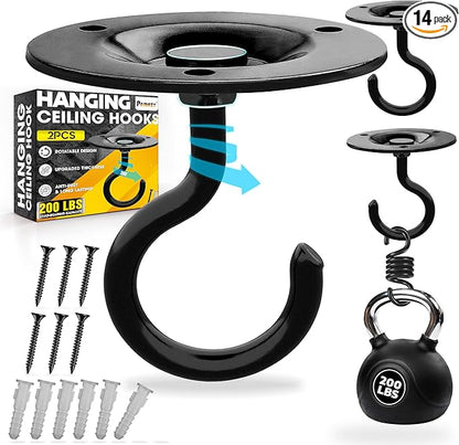 [UPGRADED] 2Pcs 200LBS Rotatable Ceiling Hooks Black Firmly Wall Mount Metal Hangers Round Ceiling Hook for Hanging Hanging Plants, Bird Feeder, Lights, Bed Canopy, Wind Chime, Indoor Outdoor Decor