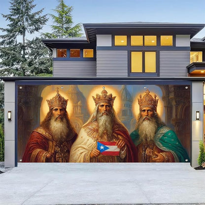 HOMETITUTE 13x6ft Three Kings Day Garage Door Banner Dia de Reyes Puerto Rican Flag Design Polyester Large Outdoor Decoration for Epiphany Celebration Holiday Party Yard Home School