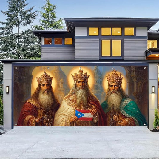 HOMETITUTE 13x6ft Three Kings Day Garage Door Banner Dia de Reyes Puerto Rican Flag Design Polyester Large Outdoor Decoration for Epiphany Celebration Holiday Party Yard Home School