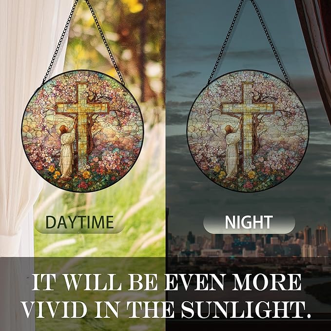 Cross Flower Suncatcher Stained Glass Window Hanging, Jesus Christian Wildflower Landscape Sun Catchers Indoor Window Glass Round Wall Decor, Religious Wall Art Hanging Decorations, ＂7.8x7.8＂
