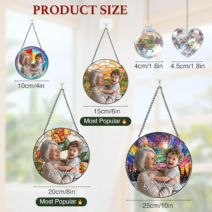 Personalized Grandma Stained Glass Windows Hanging, Family Picture Suncatcher Ornament, Custom Mothers Day Photo Gift from Grandkids, Birthday Grandparents Mom Gifts