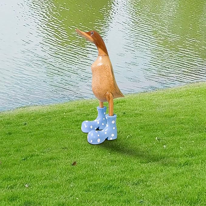 Wooden Crafted Duck Figurine with Spotty Wellies Funny Standing Duck Statues Decorative Resin Rain Boot Animal Sculpture Collectible Crafts Waterproof Garden Lawn Ornament (Blue, 9.8Inch)