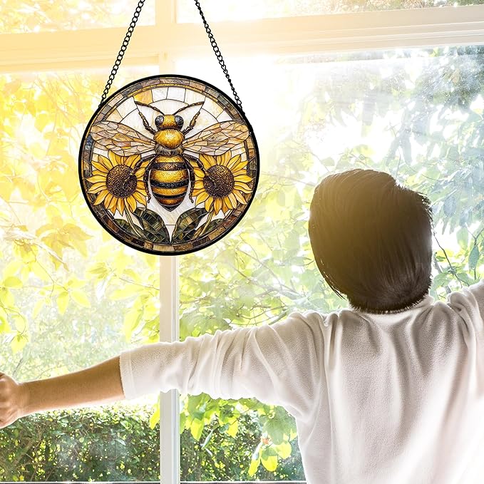 DASTOLL Stained Glass Window Hanging - Bee Sunflower Yellow Suncatcher Ready to Hang Window Doors Home Decoration and Christmas, Mother's Day Birthday Gifts for Women, Men, and Mom 7.8x7.8 in