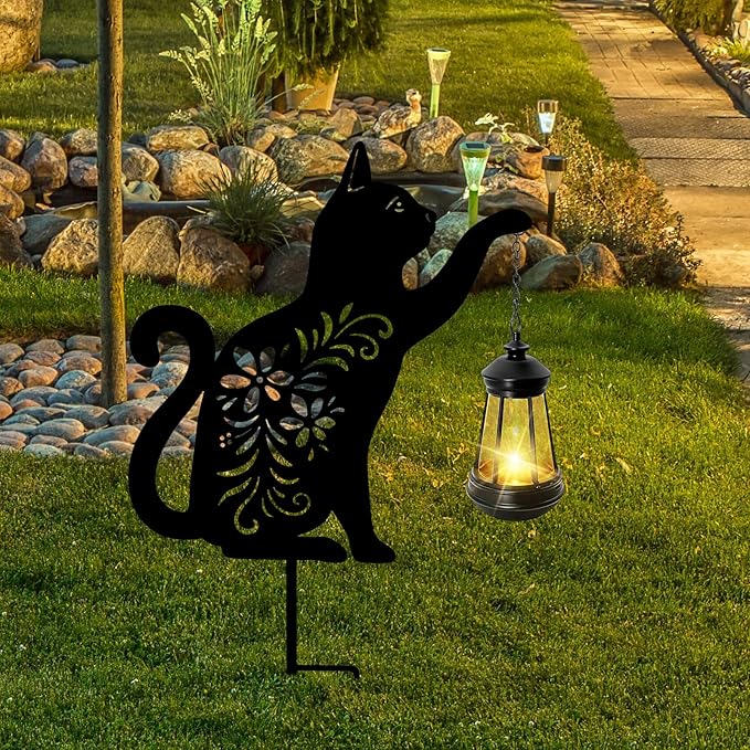 Bshine Cat Solar Light Outdoor Garden Decoration, Waterproof Metal Stake Black Outdoor Statue Lantern, Lawn Ornaments for Yard, Path, Patio, Sculpture Black Cat Memorial Gift