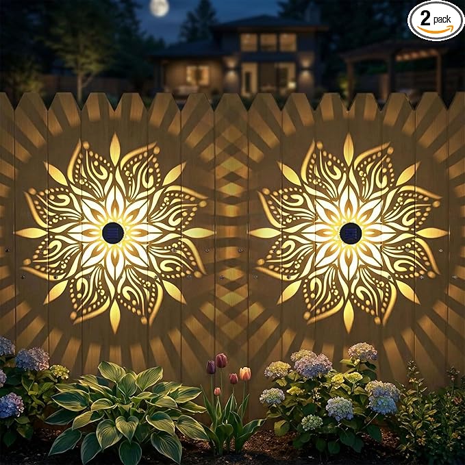 2 Pack Solar Fence Lights Metal Solar Powered Outdoor Wall Deck Step Lights Mandala Theme Waterproof Fence Light for Garden Post Patio Backyard Yard Decor, Gardening Gifts for Women Mom Grandma