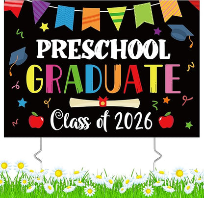 Preschool Grad Yard Sign Class of 2026 Kindergarten Graduate Lawn Sign with Stake School Congrats Graduation Decorations Colorful Graduation Party Favors Supplies Outdoor Photo Booth Props for Kids