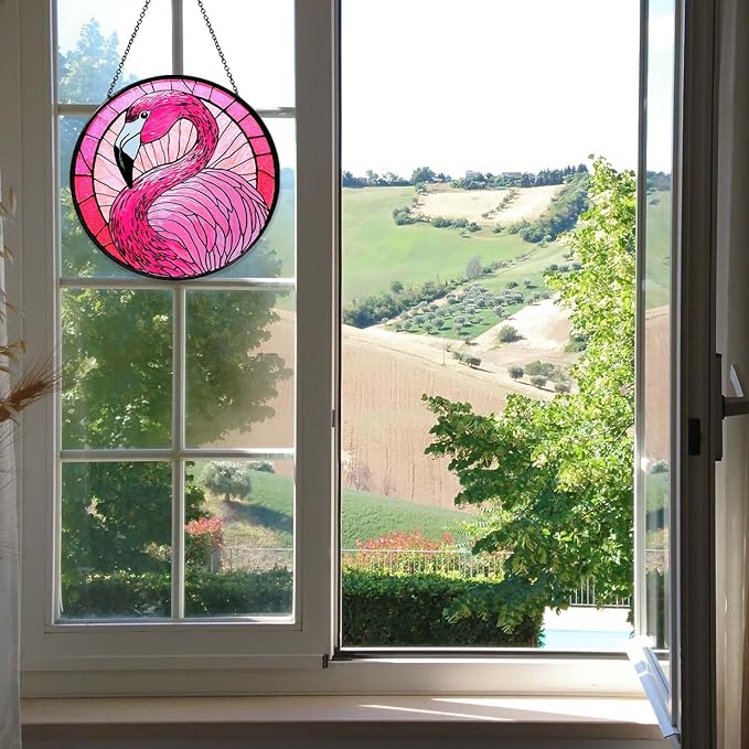 Flamingo Stained Glass Window Hanging 7.87inch Bird Light Sun Catcher Gifts for Women Wall Decor Handmade Flamingo SunCatcher Decoration for Garden Home Decor