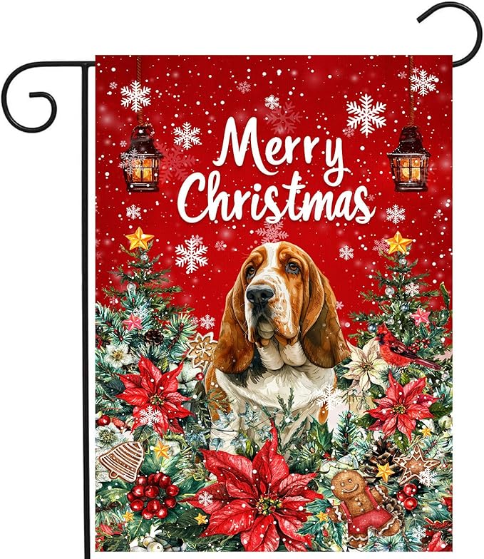 Christmas Basset Hound Garden Flag Merry Christmas Dog Yard Flag for Outside Xmas Flags 12x18 Double Sided Red Poinsettia Garden Flags Winter Porch Decorations Outdoor