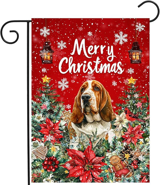 Christmas Basset Hound Garden Flag Merry Christmas Dog Yard Flag for Outside Xmas Flags 12x18 Double Sided Red Poinsettia Garden Flags Winter Porch Decorations Outdoor