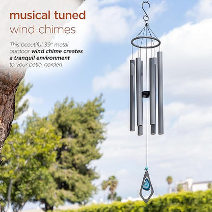 Alpine Corporation 39" Aluminum Tuned Wind Chimes with Blue Gemstone Windcatcher, Gray