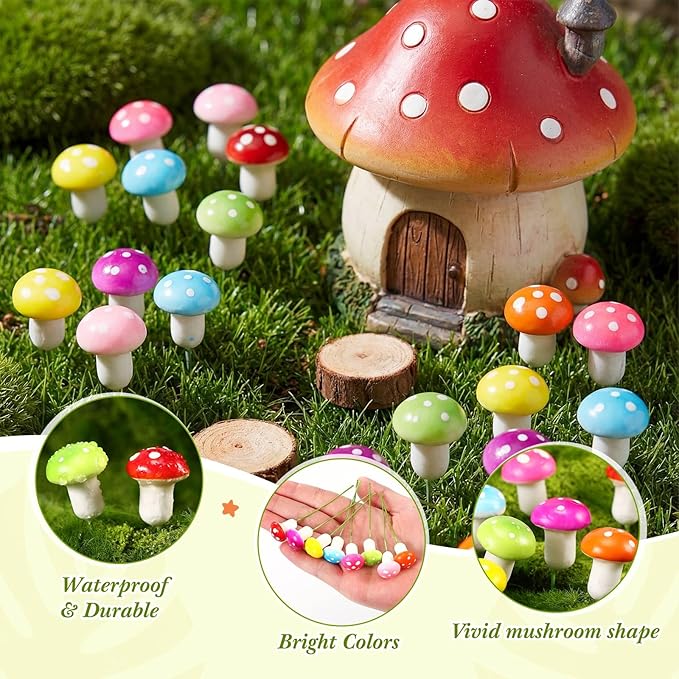 Mudder 64 Pcs Mini Mushrooms for Miniature Fairy Garden PVC Mushrooms Miniature Figurines Colorful Garden Ornaments Model Garden Accessories for Micro Landscape, Plant Pots, Bonsai Craft