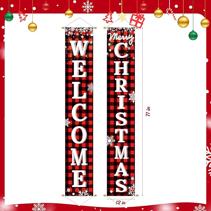 Ivenf Outdoor Christmas Decorations Yard: Red Black Buffalo Plaid Front Porch Sign Set, Hanging Welcome Merry Christmas Decorations for Home, Indoor Outdoor New Year Xmas Wall Front Door Yard Décor