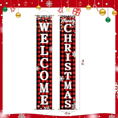 Ivenf Outdoor Christmas Decorations Yard: Red Black Buffalo Plaid Front Porch Sign Set, Hanging Welcome Merry Christmas Decorations for Home, Indoor Outdoor New Year Xmas Wall Front Door Yard Décor