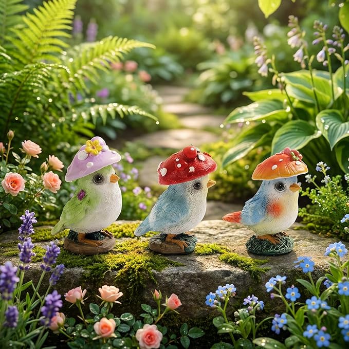 Set of 3 Mushroom Bird Figurines, Cute Resin Small Garden Statues, Outdoor Fairy Garden Accessories Patio Yard Lawn Decor, Indoor Flower Plant Pots Table Shelf Decorations for Home