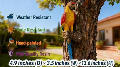 Tropical Parrot Statues Hanging Decor,13.6''(H) Wall Decor Parrot Sculpture for Home Porch Patio Door,Resin Scarlet Macaw Statue Outdoor Garden Yard Tree Art Ornaments