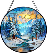 Winter Christmas Stained Glass Window Hanging Suncatchers, Winter Mountain Landscape Sun Catchers Indoor Window Glass Wall Art Decor, Christmas Wall Hanging Decorations Sculptures, 7.9x7.9in