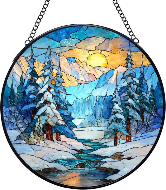 Winter Christmas Stained Glass Window Hanging Suncatchers, Winter Mountain Landscape Sun Catchers Indoor Window Glass Wall Art Decor, Christmas Wall Hanging Decorations Sculptures, 7.9x7.9in