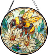 Vintage Bee Wildflowers Stained Glass Window Hanging Suncatchers, Honey Bee Sun Catchers Indoor Window Glass Wall Art Decor Sculptures, Daisy Garden Wall Hanging Decor Sculptures, 7.9x7.9in