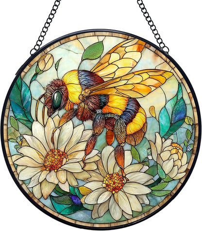 Vintage Bee Wildflowers Stained Glass Window Hanging Suncatchers, Honey Bee Sun Catchers Indoor Window Glass Wall Art Decor Sculptures, Daisy Garden Wall Hanging Decor Sculptures, 7.9x7.9in