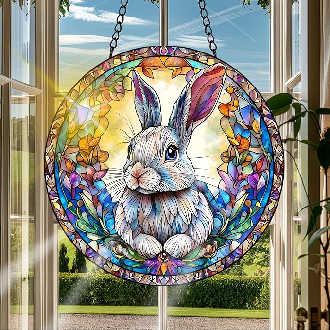 VAIIEYO Rabbit Sun Catcher Stained Glass Window Hanging Ornament, Handmade Sun Catcher Animal Decoration with Hooks for Window Garden Home, Mother's Day & Birthday Housewarming Gift (7.8 inch)