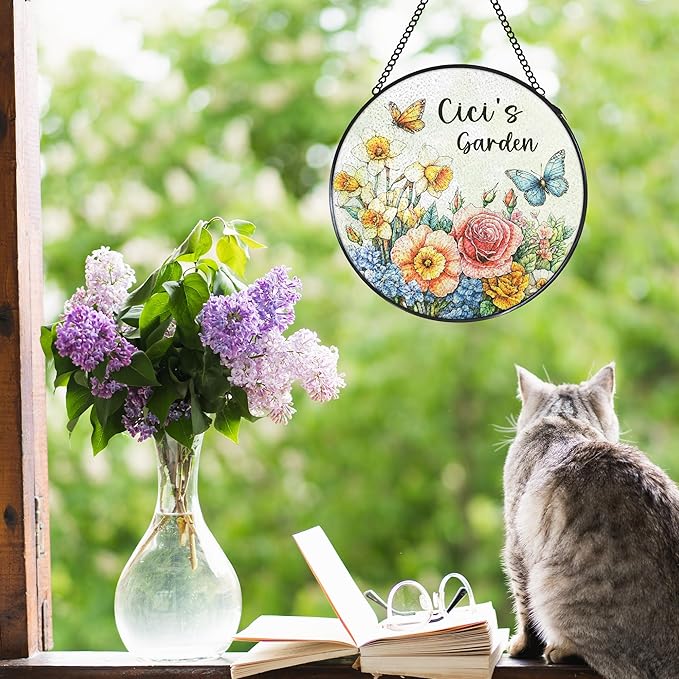 Cici's Garden Gifts Stained Glass Suncatcher for Her, Cici Gifts for Women Window Hanging Wall Art Decoration for Mothers Day Christmas Birthday, 7.8 x 7.8 in