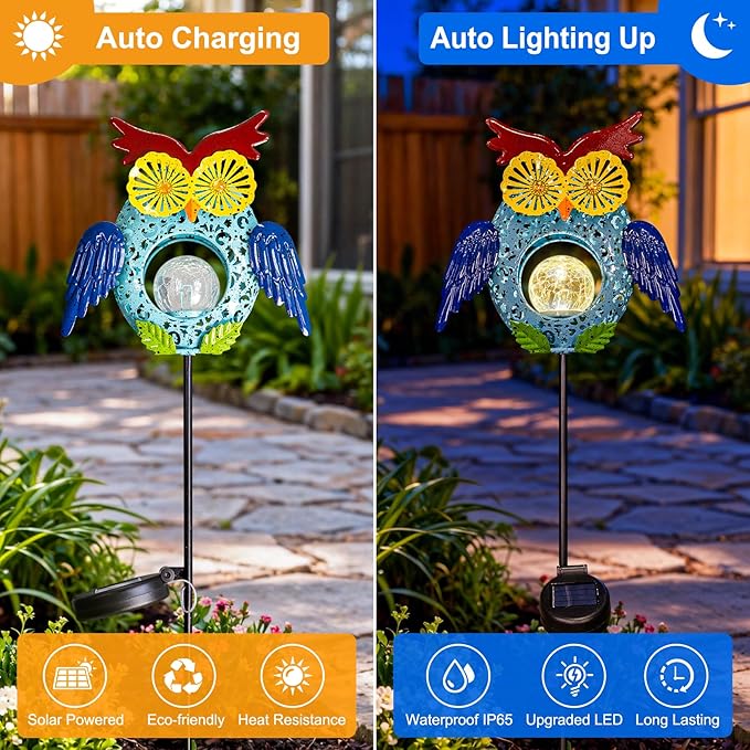 Go2garden Solar Owl Garden Gifts Lights Outdoor, 3D Waterproof Colorful Yard Art Decor with Stakes for Pathway Sidewalk Ornaments, Birthday Garden Gifts for Mom Women(1Pack)