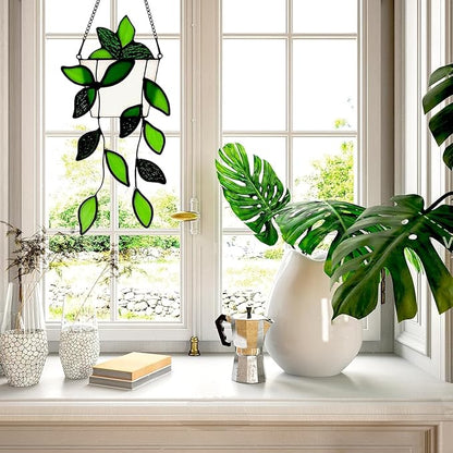 Stained Glass Window Hanging Green Plant Window Suncatcher Handcrafted Faux Plant Stained Glass Panel Sun Catcher for Plant Lovers,Unique Home Indoor&Outdoor Decor (Green)