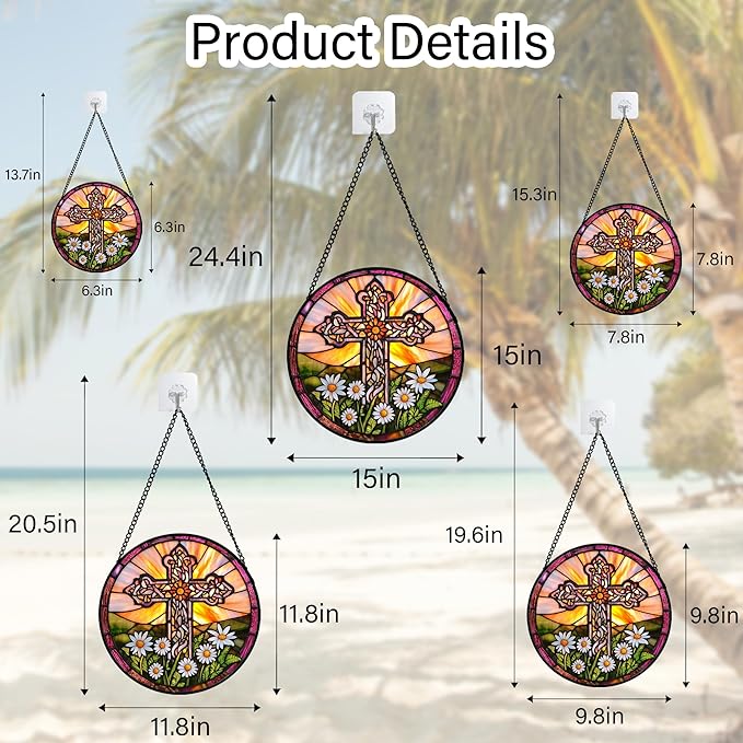 DASTOLL Christian Gifts for Women - Cross Stained Glass Window Hanging Jesus Easter White Daisy Flower Sun Catcher Garden Religion Decor Mother's Day Catholic Gift for Men Grandma Nana Her 6.3"
